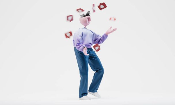 Awesome Travor juggles with heart icons. Social media popularity concept. Highly detailed fashionable stylish abstract character. Right view. 3d rendering. - Foto, Bild