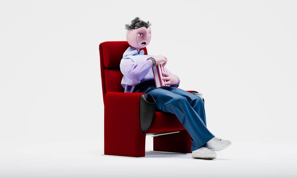 Awesome Travor sitting in a cinema chair. Online cinema concept. Highly detailed fashionable stylish abstract character. Right view. 3d rendering. - 写真・画像