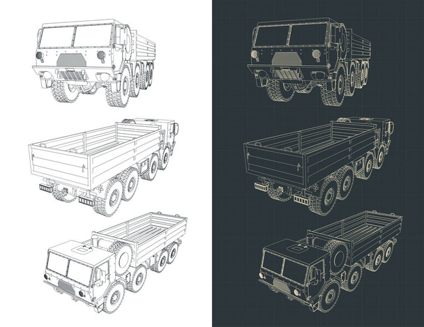 Stilisierte Vektorillustration von Zeichnungen militärischer Schwerlastfahrzeuge - Vektor, Bild
