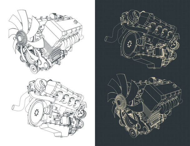 強力なV8ターボエンジンの図面の様式化されたベクトル図 - ベクター画像