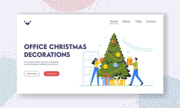 Ofis Noel Dekorasyon Sayfa Şablonu. Noel Ağacı 'nı süsleyen Mutlu İnsanlar Dallara ve Hediyelere Topları Taşıdı - Vektör, Görsel