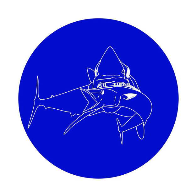 Overzicht van een Mako haai die een Wahoo vis bijt - Vector, afbeelding