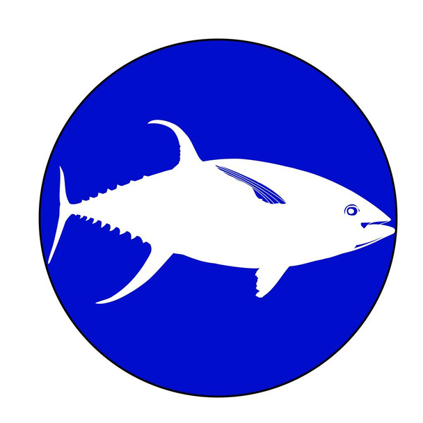 Witte silhouet van een geelvintonijn Vis Blauwe Cirkel - Vector, afbeelding