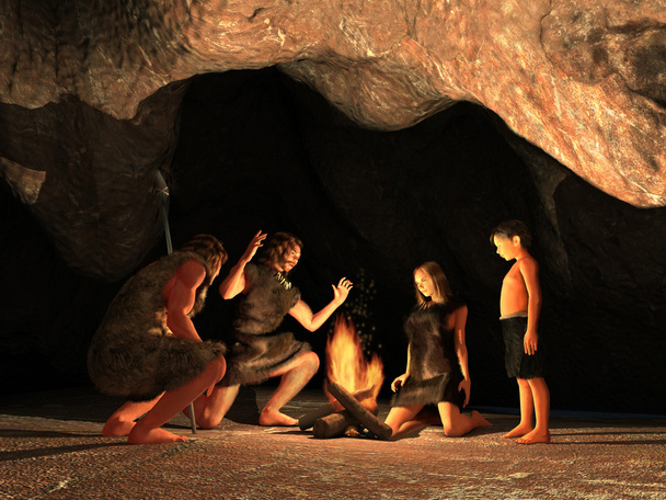 Habitantes de cavernas se reuniram em torno de uma fogueira
 - Foto, Imagem