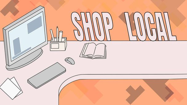 Znak tekstowy pokazujący Shop Local. Zdjęcie koncepcyjne preferencji do zakupu lokalnych towarów i usług Office Desk z uchwytem na długopisy i Open Blank Notebook. - Zdjęcie, obraz