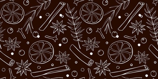 Vector seamless pattern of Christmas winter outline spices in doodle style. Xmas background or texture with seasonings. For desserts, hot mulled wine, homemade cookies, template of menu, recipes - Vector, Image