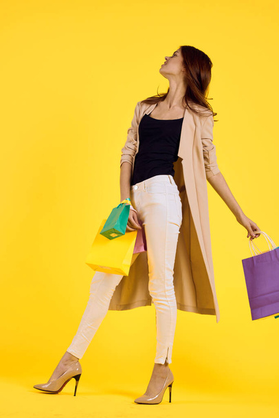 glamorous woman multicolored packs emotions shopping fashion isolated background - 写真・画像