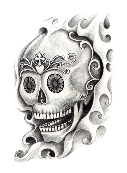 Tatuaje de cráneo de arte. Dibujo a mano sobre papel. - Foto, Imagen