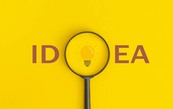 Light bulb and word IDEA on yellow background. Inspiration and creative idea concept. Top view. Flat lay. - Foto, afbeelding