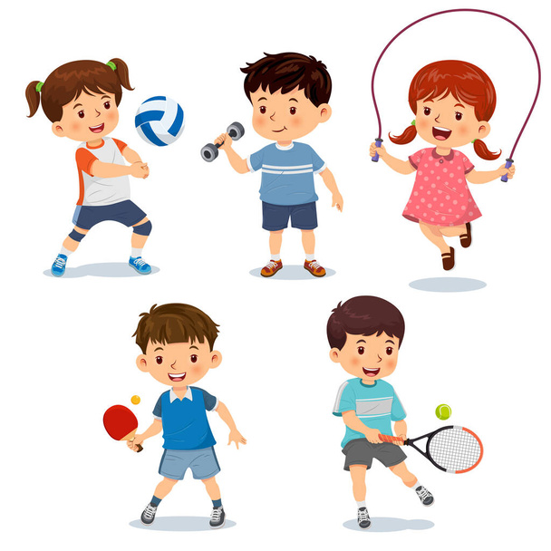 Векторная иллюстрация милых маленьких детей, играющих в различные виды спорта, волейбол, гантель, скакалку, настольный теннис, теннис. Изолированный на белом фоне - Вектор,изображение