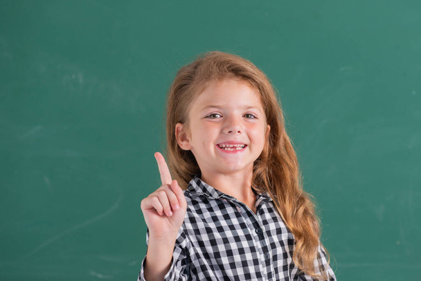 Portrait of school girl nerd pupil with surprising expression pointing with finger against blackboard. - Foto, Bild