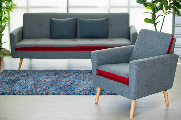 Selective focus on a grey single comfortable sofa with armrests on wooden floor, decorated plants, carpet, couch beside window in interior designed living room at cozy home or apartment - Fotó, kép