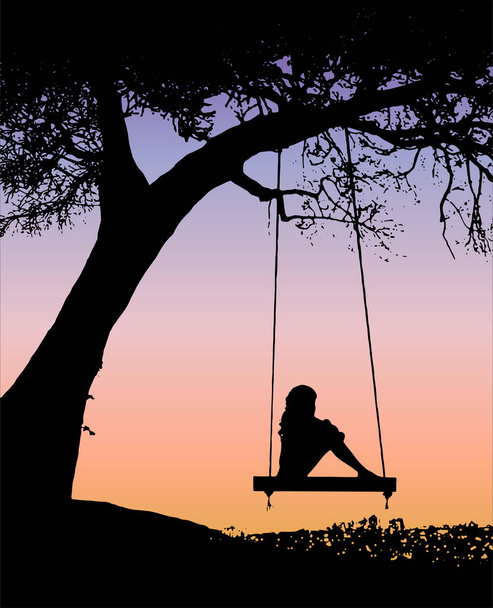Drawing of Couple or girl swinging from top of the mountain with sunset background editable silhouette illustration - Vector, Image