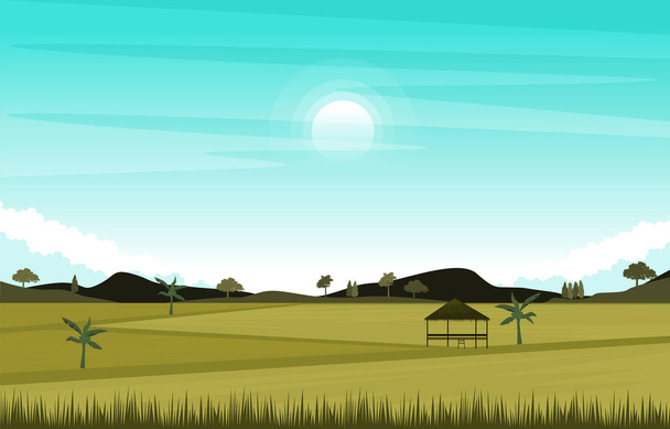Hut Asian Paddy Rice Field Agricultura Naturaleza Ver ilustración - Vector, imagen