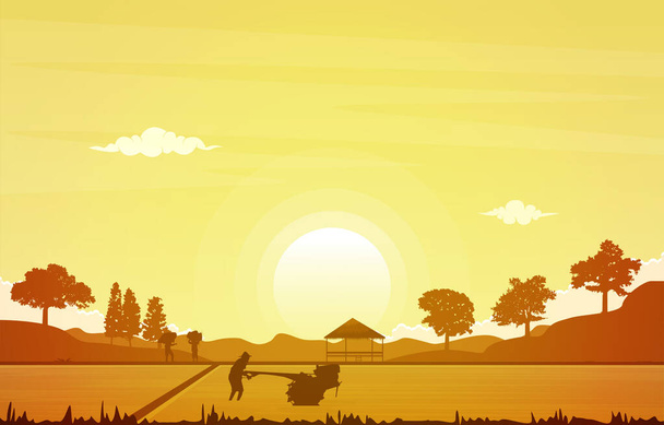 Sunrise Asian Farmer Paddy Rice Field Agricultura Naturaleza Ilustración - Vector, imagen