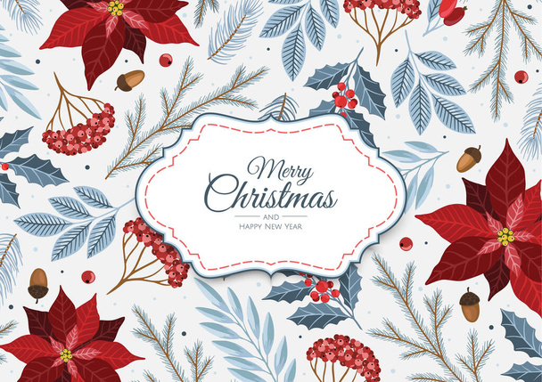 Cartões de felicitações de Natal com flores de Natal e objetos de inverno - Vetor, Imagem