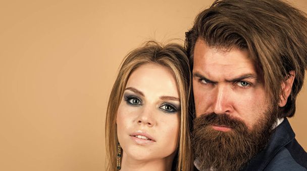 couple in love of bearded man and sexy woman embrace, relationship - Zdjęcie, obraz