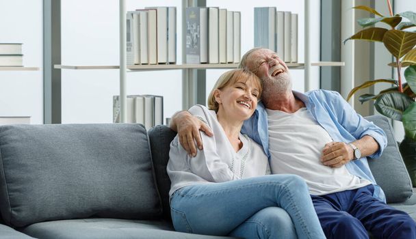 Caucasian old senior romantic aged lover couple in casual wear gray bearded and hair grandpa husband and lovely grandma wife sitting smiling cuddling hugging together on sofa. - Foto, Bild