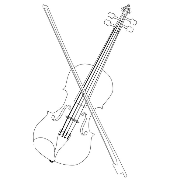 A typical violin and bow in black line drawing isolated over a white background - Vector, Image
