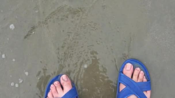 Muž stojící na pláži u moře v pantoflích a s pleskajícími vlnami na nohou - Záběry, video