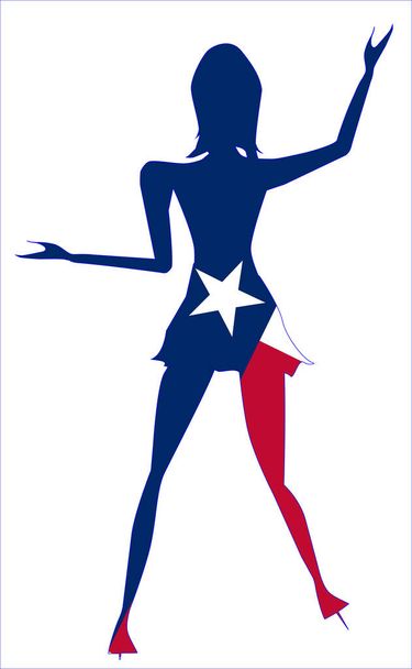Profilo sagomato di una ragazza danzante con la bandiera dello stato del Texas incastonata su uno sfondo bianco - Vettoriali, immagini