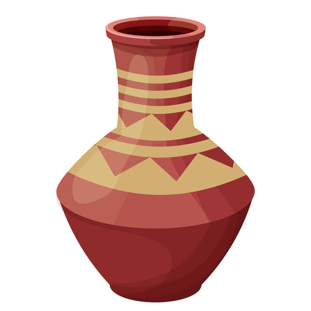 African pot, ceramic vase, craft tribal artifact in cartoon style isolated on white background. Amphora from clay,  - Вектор,изображение