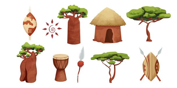 Set cabaña africana con techo de paja, escudo baobab con lanza en estilo de dibujos animados aislados sobre fondo blanco. Colección tribal Safari, edificio rural del desierto. - Vector, Imagen