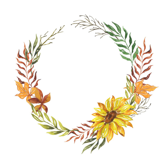watercolor wreath with leaves and flowers. hand drawn illustration. - Foto, imagen