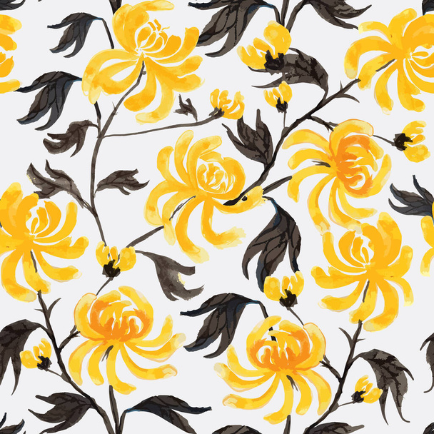 Floral seamless pattern in Japanese folk painting style Sumi-e. Ink wash painted fantasy yellow chrysanthemum flowers and leaves isolated on a light grey background. Batik, wallpaper - Photo, Image