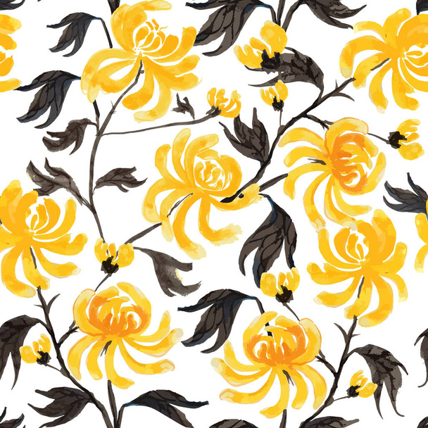 Vector Floral seamless pattern in Japanese folk painting style Sumi-e. Ink wash painted fantasy yellow chrysanthemum flowers and leaves isolated on white background. Batik, wallpaper - Vektör, Görsel
