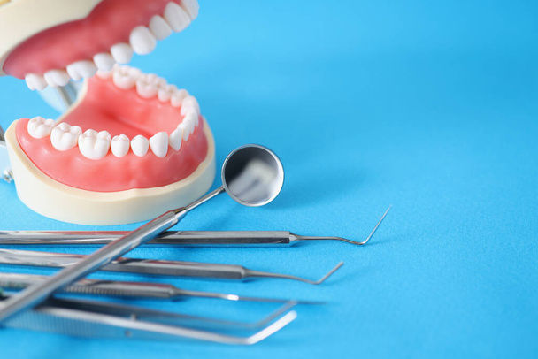 Οδοντιατρικά όργανα χάλυβα που βρίσκονται με τεχνητά σαγόνια σε μπλε φόντο closeup - Φωτογραφία, εικόνα