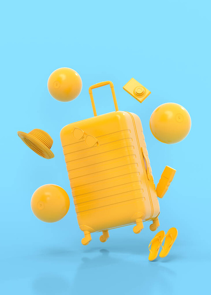 Kleurrijke koffer of bagage met strandaccessoires op monochrome blauwe achtergrond. 3D weergave van zomervakantie concept en vakantie - Foto, afbeelding