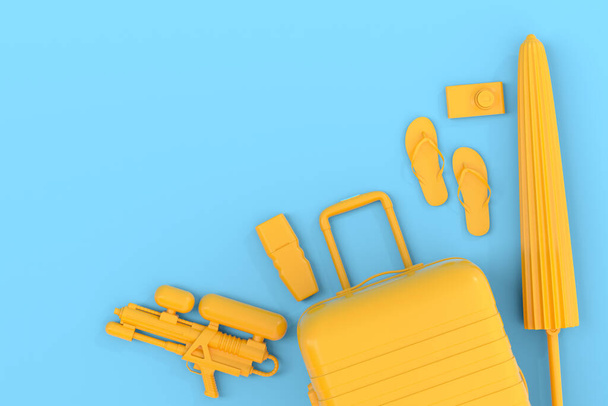 Colorful suitcase or baggage with beach accessories like flip flops, water gun, sunscreen and umbrella on monochrome blue background. 3D render of summer vacation concept and holidays - Фото, зображення