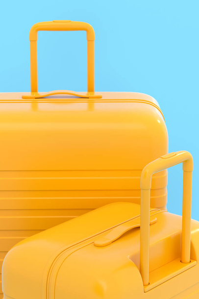 Colorful suitcase or baggage on monochrome blue background. 3D render of summer vacation concept and holidays - Fotografie, Obrázek