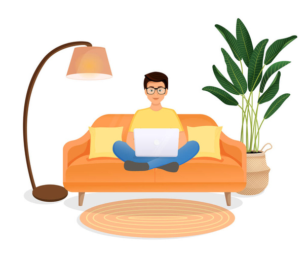 Muž sedí na gauči v místnosti s notebookem. Ploché vektorové ilustrace na volné noze, práce doma, práce, kancelář, vzdělání. Vzdálená práce a komunikace v sociálních sítích. - Vektor, obrázek