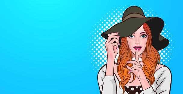 smile woman with hat finger on lips silence gesture  In Retro Vintage Pop Art Comic Style - Vector, Image