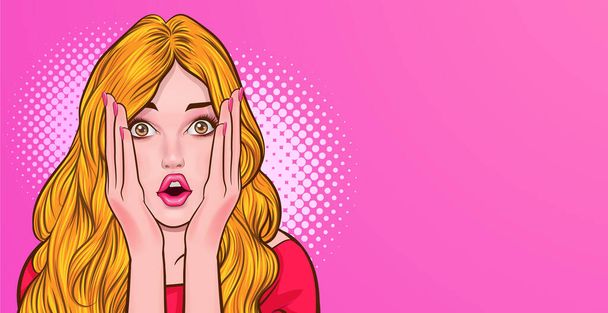 Surprised woman face wow and raising hand to her cheek pop art comics style. - Vector, Image