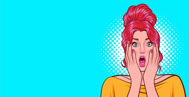 shocking young woman surprised open mouth omg hands on cheeks In Retro Vintage Pop Art Comic Style - Vector, Image