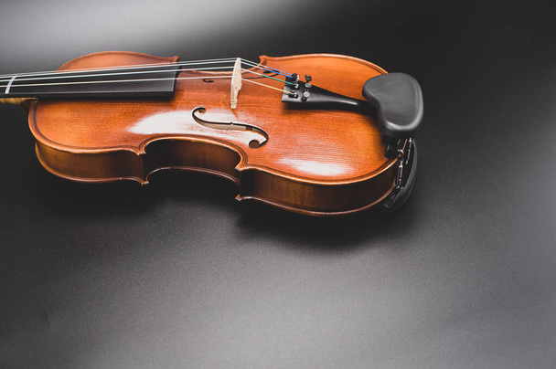 top view of elegant acoustic violin on a dark background with copy space - 写真・画像