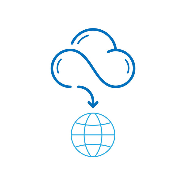 Símbolo infinito adaptado a la forma de nube con flecha enlazada directamente al icono del globo. Ilustración conceptual de la tecnología de computación en nube. Un derrame cerebral. Esquema vectorial estilo de diseño plano. - Vector, Imagen