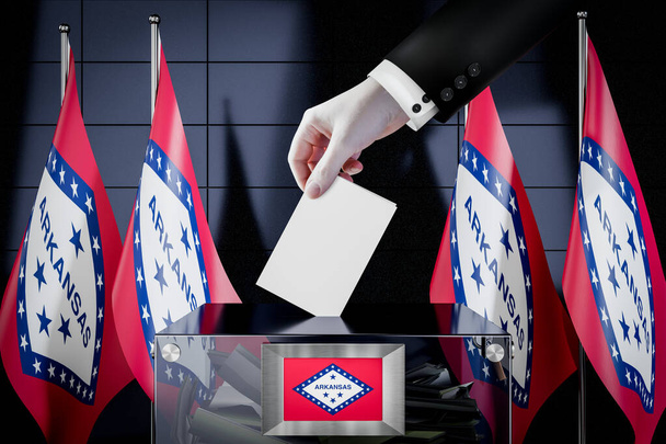 Banderas de Arkansas, la mano dejando caer la tarjeta de votación en una caja - votación, concepto electoral - Ilustración 3D - Foto, Imagen
