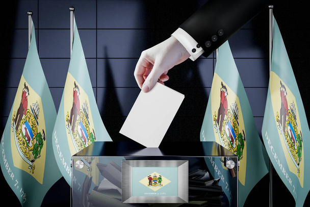 Delaware vlajky, ruční upuštění volební karty do boxu - hlasování, volební koncept - 3D ilustrace - Fotografie, Obrázek