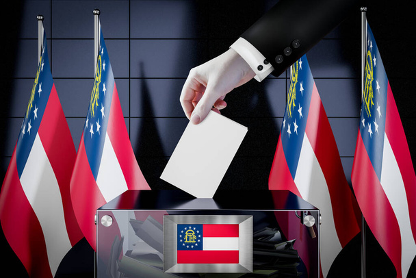 Banderas de Georgia, la mano dejando caer la tarjeta de votación en una caja - votación, concepto electoral - Ilustración 3D - Foto, Imagen