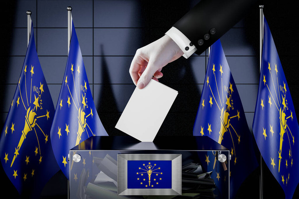 Drapeaux de l'Indiana, dépôt à la main d'une carte de vote dans une boîte - vote, concept électoral - illustration 3D - Photo, image