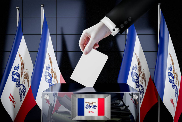 Iowa zászlók, kézzel dobott szavazólap egy dobozba - szavazás, választási koncepció - 3D illusztráció - Fotó, kép