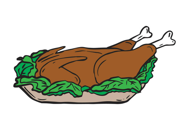 Kalkoen voor Thanksgiving vector doodle clipart. Handgetekende geroosterde kalkoen in sla bladeren. - Vector, afbeelding