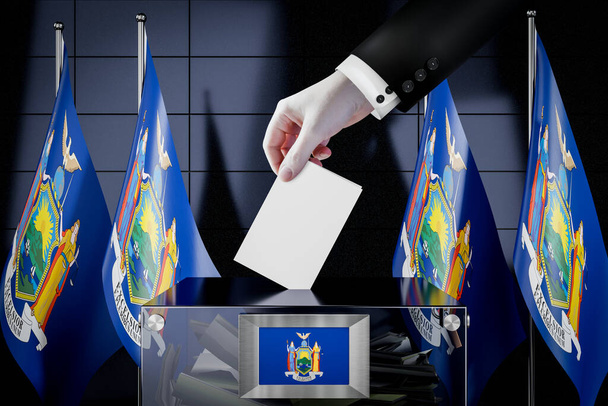 Drapeaux de New York, dépôt à la main d'une carte de vote dans une boîte - vote, concept électoral - illustration 3D - Photo, image