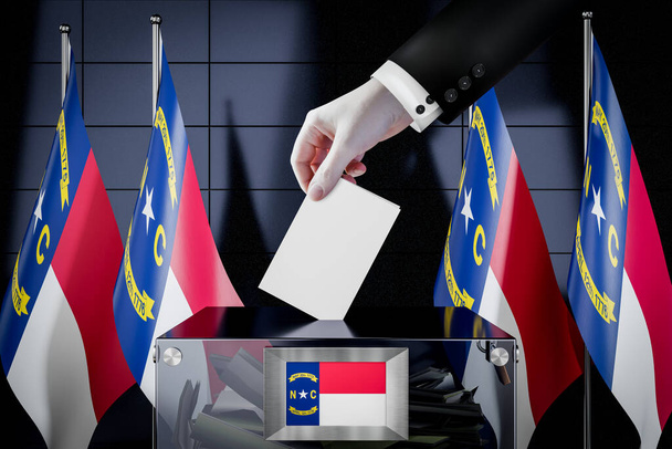 Drapeaux de Caroline du Nord, dépôt à la main d'une carte de vote dans une boîte - vote, concept électoral - illustration 3D - Photo, image