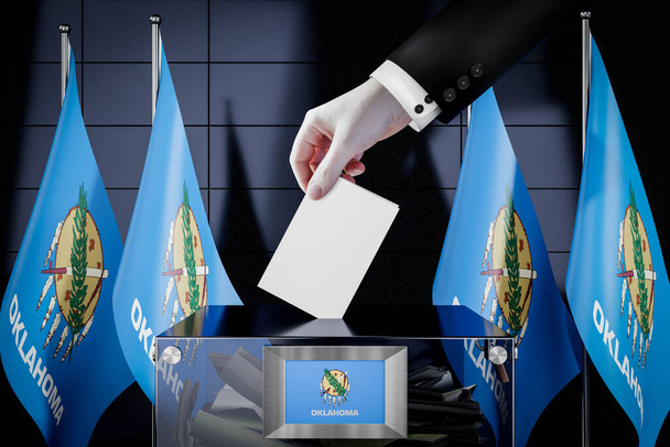 Drapeaux de l'Oklahoma, dépôt manuel d'une carte de vote dans une boîte - vote, concept électoral - illustration 3D - Photo, image