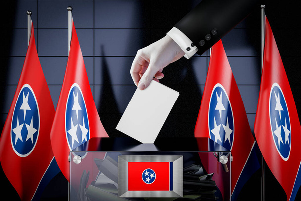 Bandeiras do Tennessee, cartão de cédula soltando a mão em uma caixa - votação, conceito de eleição - ilustração 3D - Foto, Imagem